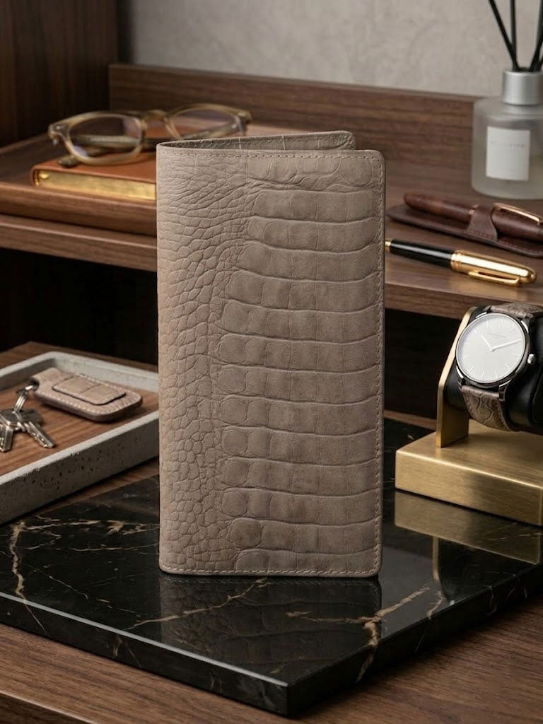 Genuine Leather Croco Embossed Long Wallet for Men