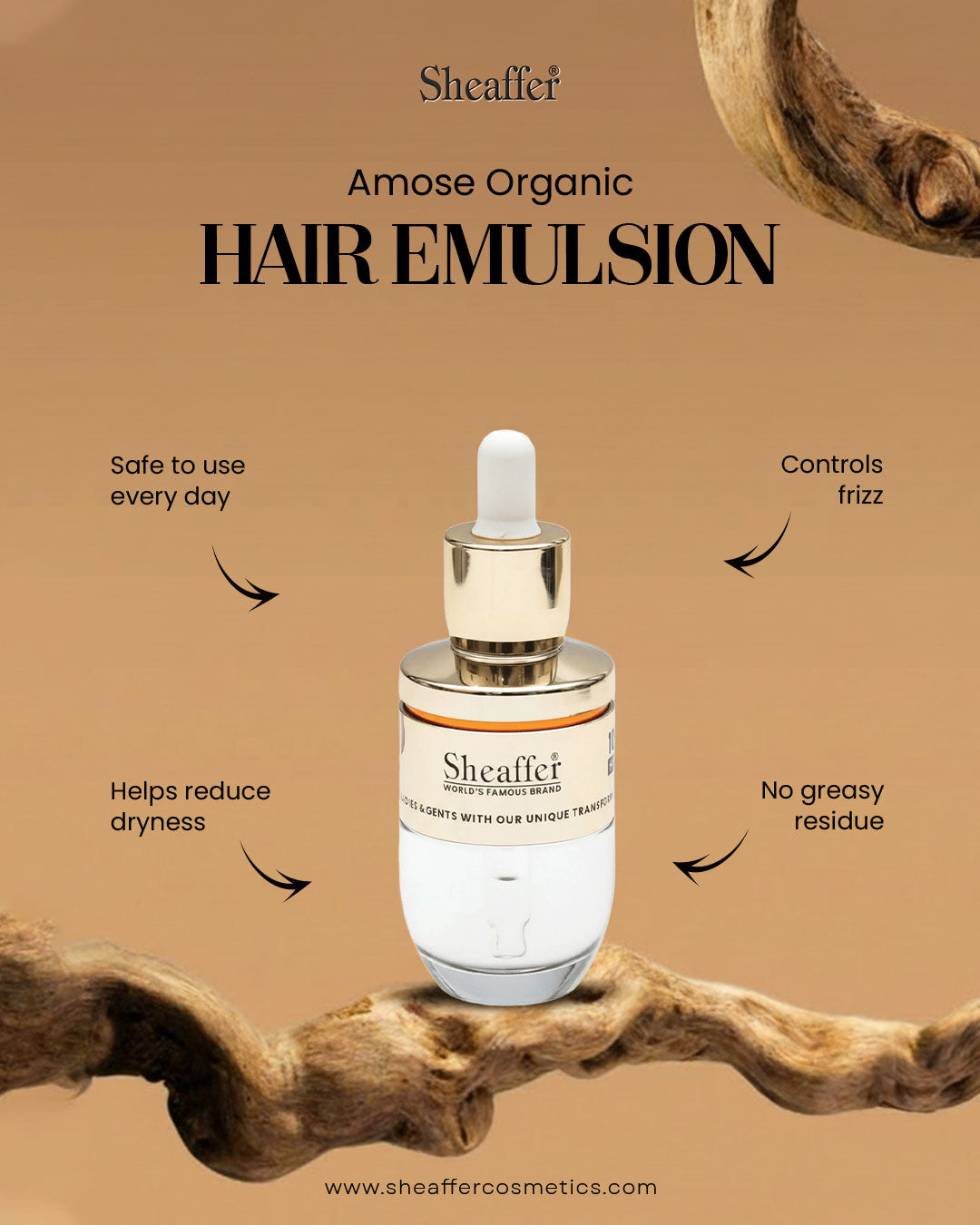 Sheaffer Amose Organic Hair Emulsion - 3X Stronger Anti-Frizz & Dryness Control Hair Serum (30ml)