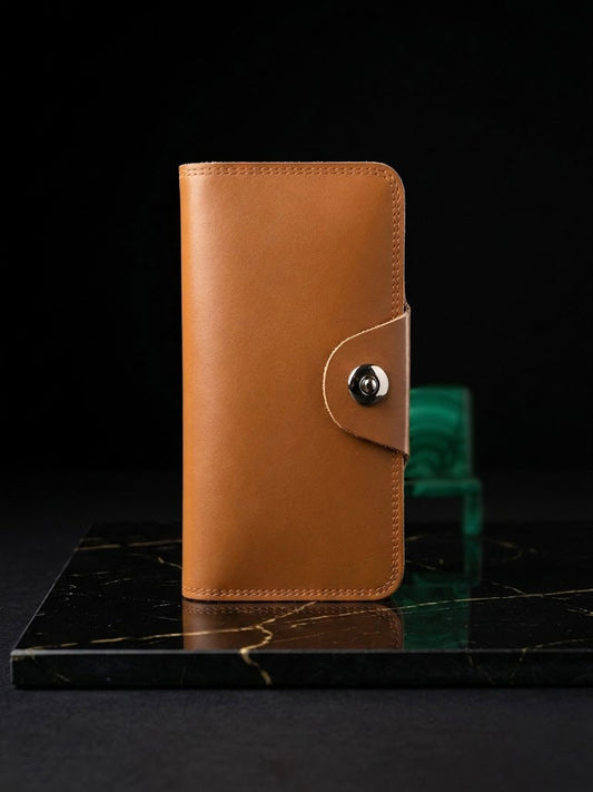 Men’s Leather Long Wallet with Button Closure
