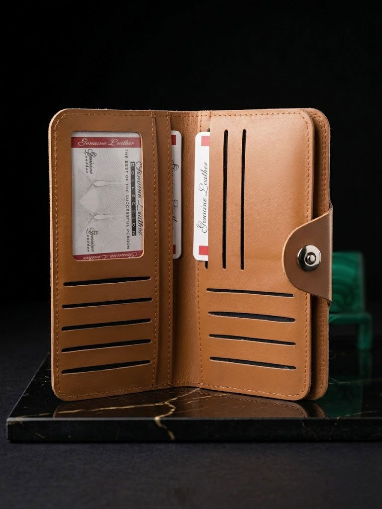 Men’s Leather Long Wallet with Button Closure