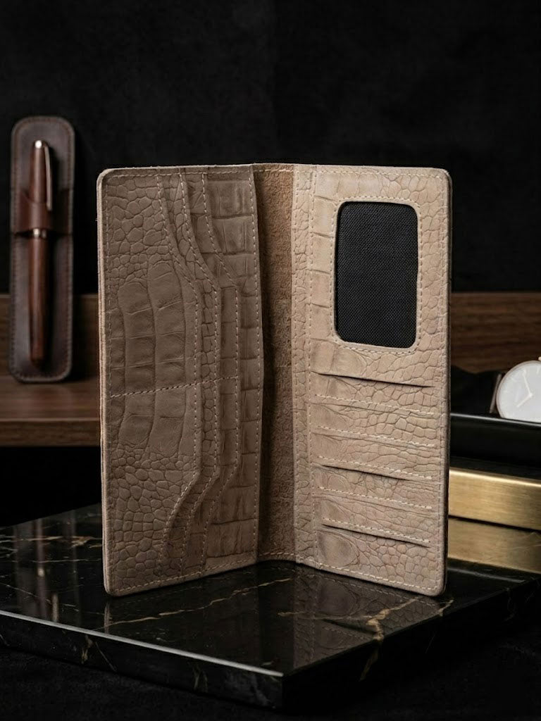 Genuine Leather Croco Embossed Long Wallet for Men