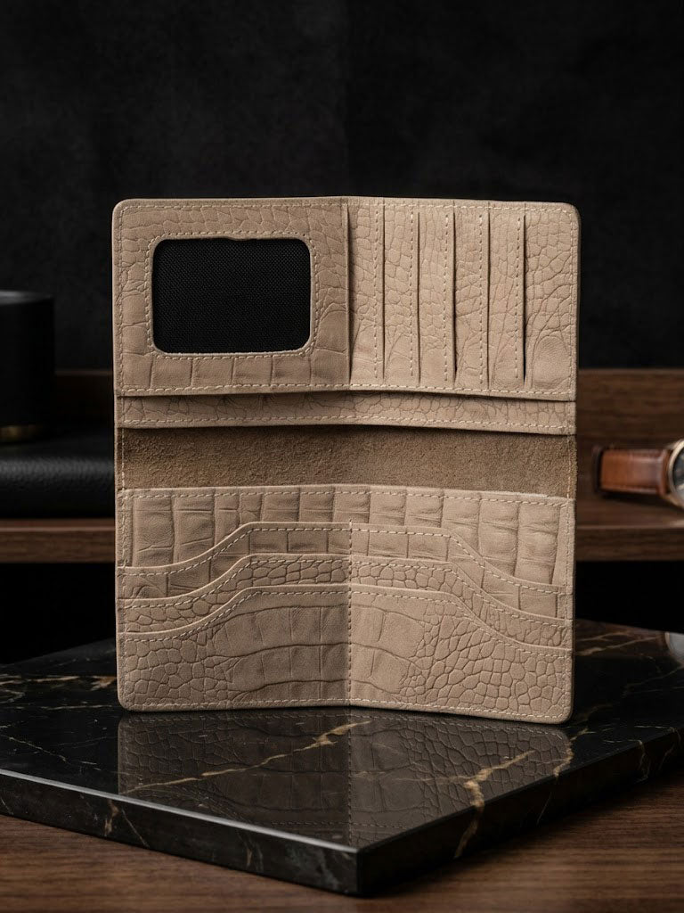 Genuine Leather Croco Embossed Long Wallet for Men