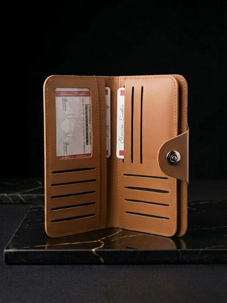 Men’s Leather Long Wallet with Button Closure