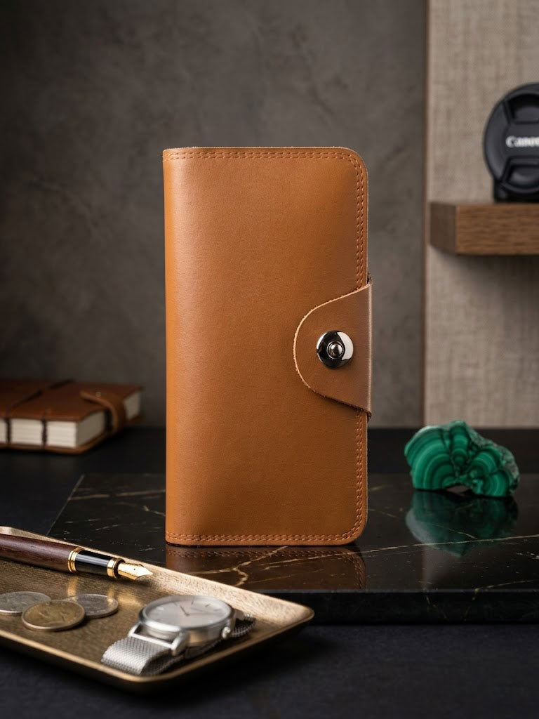 Men’s Leather Long Wallet with Button Closure